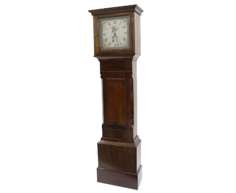 Mahogany thirty hour longcase clock, the 11" square painted dial signed Wm Carter, Salisbury, the case with short inlaid door