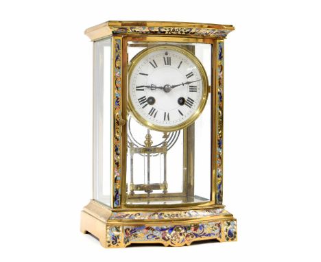 French brass and cloisonne four glass two train mantel clock striking on a gong, the 3.5" white dial within a bow fronted bev