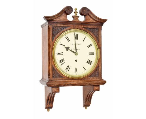 Oak single fusee wall clock, the 8" cream dial signed T. Coleman, Kington, within a foliate carved case over fluted curved br
