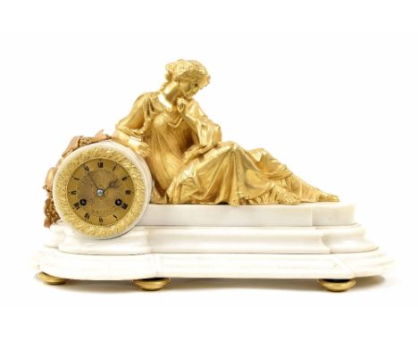 French white marble and ormolu two train figural mantel clock, the 3" gilt chapter ring indistinctly signed and an enclosing 