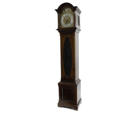 Good mahogany three train musical longcase clock, the 12" brass arched dial signed Weir &amp; Sons, 104 Regent St, London.W. 