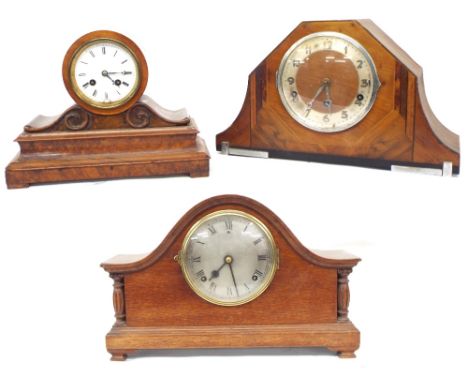 French walnut drumhead two train mantel clock, the Japy movement with outside countwheel, silk suspension and striking on a b