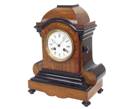 French walnut and ebonised two train mantel clock, the movement with outside countwheel striking on a bell, the 3.5" white di