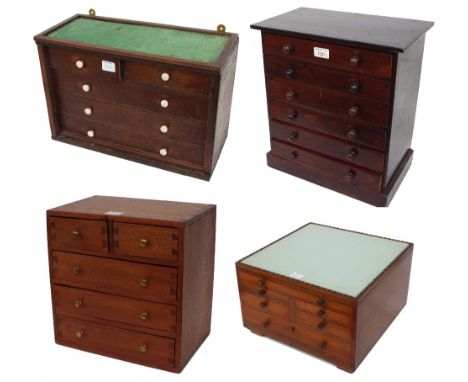 Victorian stained pine miniature tool chest of six long drawers containing various clock parts, tools and old platform escape