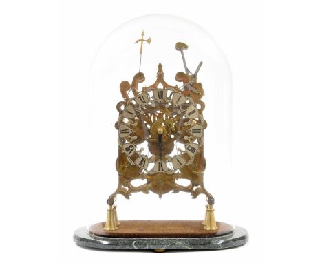 Brass triple fusee skeleton clock, the 7" shield pierced silvered chapter ring with Roman numerals, the movement with eight h