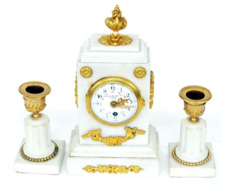 Small French white marble and gilt metal mantel clock garniture timepiece, the 2.25" floral painted dial signed Sir John Benn