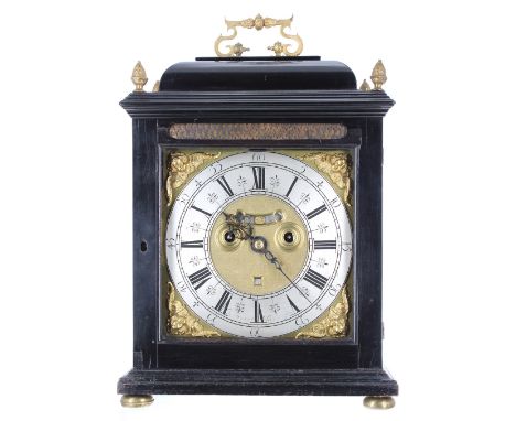 Good English ebonised double fusee bracket clock, the 8" square brass dial signed R. Fennell, Kensington on the silvered chap