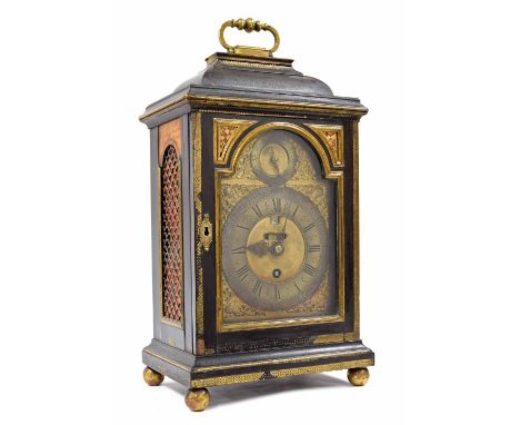 English ebonised single fusee verge bracket clock, the 6" brass arched dial with silvered chapter ring enclosing a matted cen