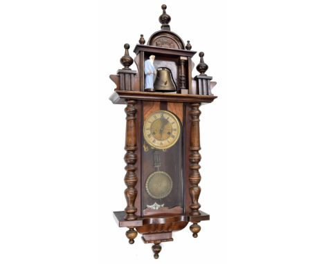 Rare and unusual two train Vienna regulator wall clock, with an automata painted wooded standing monk striking the hours on a