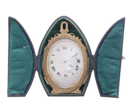 Small strut clock in the manner of Thomas Cole, the silvered dial plate with Roman numeral chapter ring and engraved overall 