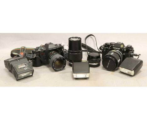 Olympus OM10 Camera with Zuiko f4 35-70mm, Auto-T f5 200mm and Auto-Fisheye f3.5 16mm no.104154 lenses; Pentax P30 camera wit