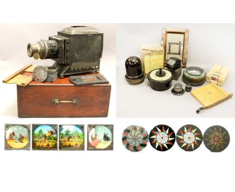 Magic Lantern black finish with unmarked brass lens (fitted with electric lamp) with a few W C Hughes pictorial slides and va