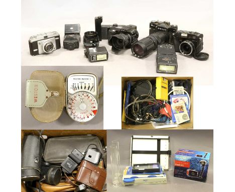 Various Cameras Related Items including Minolta Dimage 7 and Zenit 12XP with Panagor f3.8 85-205mm lens; and assorted other i