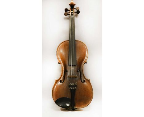 Violin 14 1/8" two piece back, no label, cased with bowHas evidence of head/neck graft, including horseshoe repair to back bu