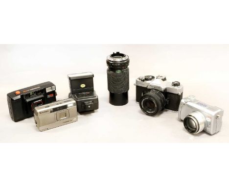 Fujica STX-1 Camera with X-Fujinon f2.2 55mm lens; Vivitar f4.5 70-210mm lens; and three compact cameras