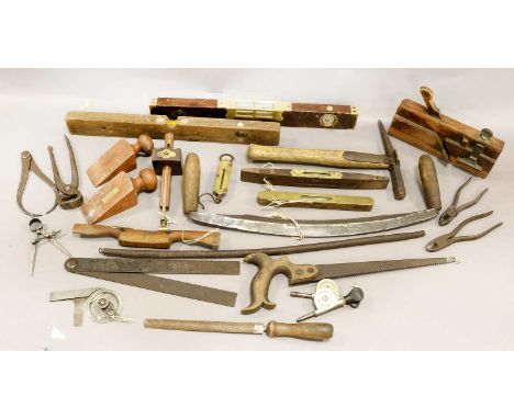 Various Woodworking Tools including Preston, John Rabone and one other brass faced spirit levels, Marples scribe, Greaves &am