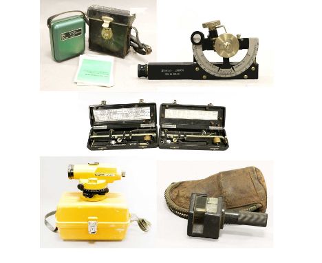 Various Instruments including Topcon AT-F6 theodolite, Stanley clinometer with Vernier scale, Cowley Automatic level and thre