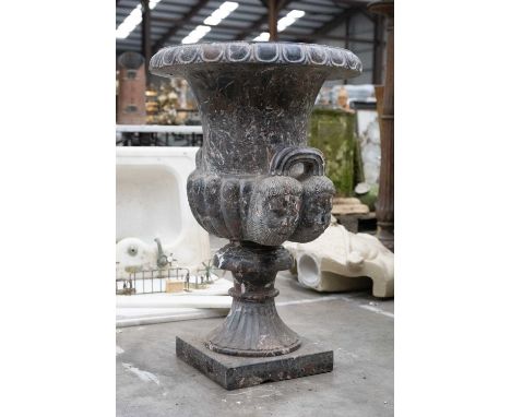 MEDICI STYLE SCAGLIOLA MARBLE URN, everted gadrooned rim and body, double mask twin handles, socle stem, plinth base, 90cms (