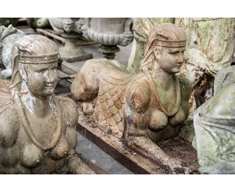 LARGE PAIR OF PAINTED CAST IRON SPHINXES, on rectangular plinth bases, 94 (h) 160 (w) x 69cms (d) (2)Comments: ordinary surfa