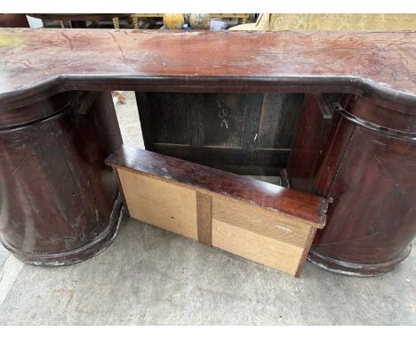 19TH C. MAHOGANY PEDESTAL SIDEBOARD, bowed cupboards and top, 83 (h) x 216 (w) x 69cms (d)Comments: some veneers and moulding