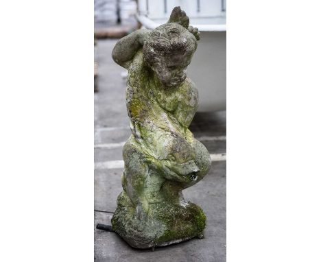 PAINTED MOULDED CONCRETE FIGURAL FOUNTAIN, depicting boy holding a large fish, 72cms (h)Provenance: The Cornelia Bayley Colle