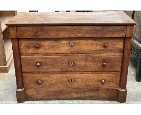 FRENCH FRUITWOOD CHEST section of larger, with concealed top drawer above three further drawers, outset half columns, turned 