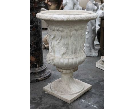 LARGE MOULDED PLASTER CLASSICAL URN, decorated with figures above socle stem and square plinth base, 90cms (h)Provenance: The