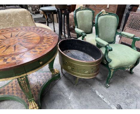 PARCEL OF GREEN PAINTED FURNITURE, circular centre table with specimen wood inlaid top designed as sunburst within geometric 