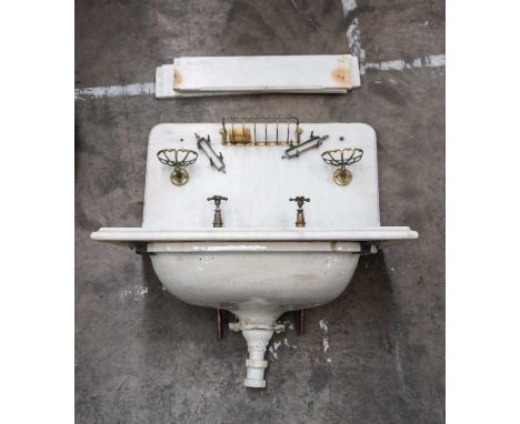 VICTORIAN CARVED MARBLE & ENAMEL BATHROOM SINK, Shanks & Co Ltd., fitted with conforming brass taps with hot and cold indicat