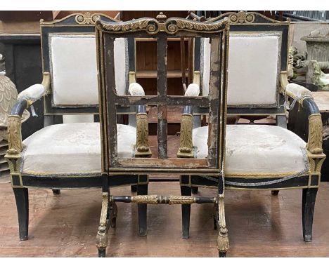 PAIR OF EMPIRE STYLE EBONISED ARMCHAIRS & FIRE SCREEN, chairs with pale velvet upholstered backs, arms and seats, sabre legs,
