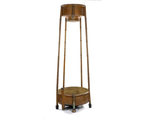 19TH C. SHOWER BATH, circular painted metal water reservoir supported on four simulated bamboo columns, circular foot basin, 