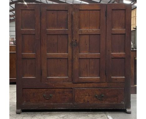 19TH C. JOINED DEAL LIVERY CUPBOARD, central panel doors above apron drawers, 145 (h) x 154 (w) x 54cms (d)Comments: lacks co