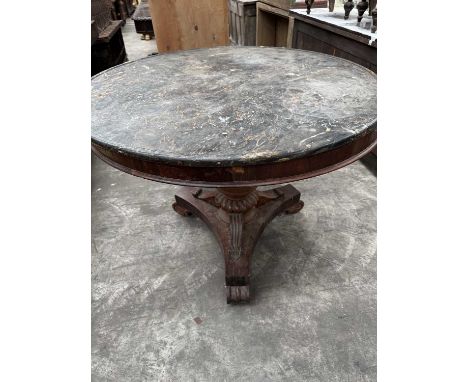 WILLIAM III ROSEWOOD & MARBLE TOP BREAKFAST TABLE, moulded variegated black marble top above gadrooned column, and concave tr