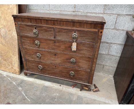 19TH C. MAHOGANY CHEST, two short, three long drawers, straight fronted, bracket feet, crossbanded veneers and inlay, brass l