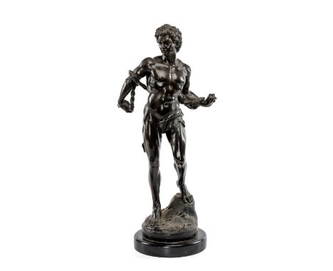 AFTER ANTOINE LOUIS BARYE BRONZE FIGURE of semi-naked nude with rope, probably Prometheus, circular base, slate plinth, 70cms