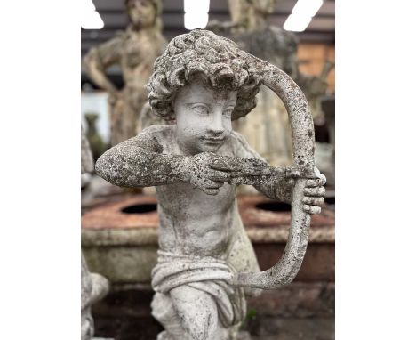 RECONSTITUTED STONE FIGURES OF CUPID drawing their arrows, plinth base, 96cms (h) (2)Provenance: The Cornelia Bayley Collecti