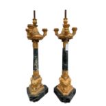PAIR OF LOUIS PHILIPPE STYLE MARBLE & ORMOLU THREE-BRANCH CANDELABRA, chamfered triangular