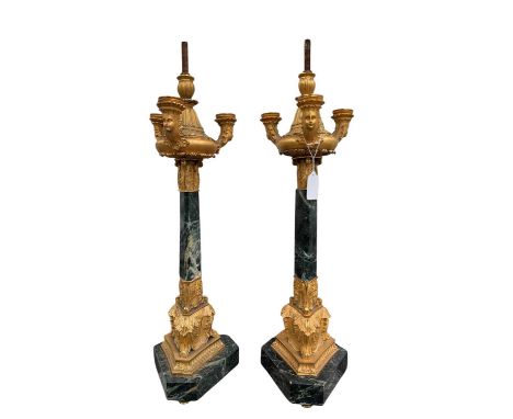 PAIR OF LOUIS PHILIPPE STYLE MARBLE & ORMOLU THREE-BRANCH CANDELABRA, chamfered triangular variegated green marble columns an