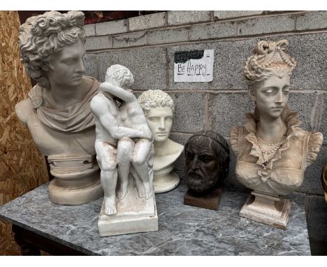 FIVE VARIOUS CLASSICAL & VICTORIAN STYLE ORNAMENTS, including 'The Arundel Head', bust of 'Apollo', bust of a lady with lace 