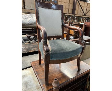 TWO NAPOLEON III MAHOGANY FAUTEUILS, both with square backs, downturned arms, upholstered backs, stuffover seats, one with do
