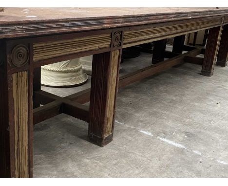 LARGE REGENCY STYLE HALL TABLE, reeded top, on similarly reeded base, with roundel headed legs, triple H-stretcher, later gol