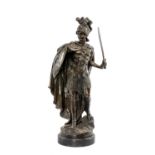 FRENCH BRONZE FIGURE OF ROMAN EMPEROR wearing plumed helmet and holding shield and sword, 70cms (