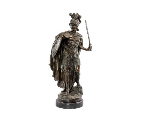 FRENCH BRONZE FIGURE OF ROMAN EMPEROR wearing plumed helmet and holding shield and sword, 70cms (h)Provenance: The Cornelia B