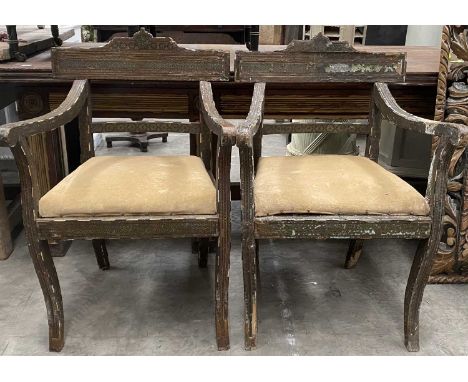 PAIR OF INDIAN SADELI WORK ARMCHAIRS, shaped bowed backs, down swept arms, tapering square seat, sabre legs, 90cms (h) (2)Com