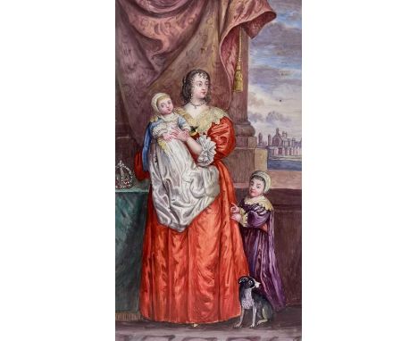 AFTER SIR ANTHONY VAN DYCK, enamel on copper - Henrietta Maria, Queen of King Charles I, with two of their children, 28 x 14.