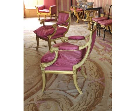PAIR OF LOUIS XVI STYLE GILTWOOD FAUTEUILS, later painted, padded backs, arms, and seats in striped pink fabric, 90cms (h)Pro