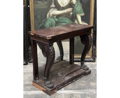 GEORGE IV MAHOGANY PIER TABLE, acanthus scrolled lion's paw feet to platform base, mirror back, 87 (h) x 108 (w) x 48cms (d)C