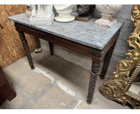 19TH C. CONTINENTAL SIDE TABLE, later rectangular grey marble top, raised on tapering spiral legs, 89 (h) x 123 (w) x 64cms (