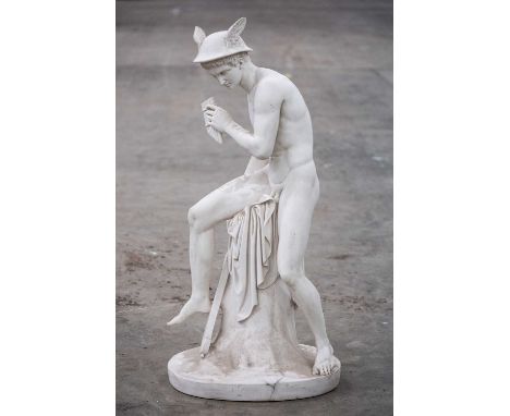 AFTER THE ANTIQUE, Italian reconstituted marble statue of 'Mercury', in the style of Thorvaldsen, seated on draped tree stump