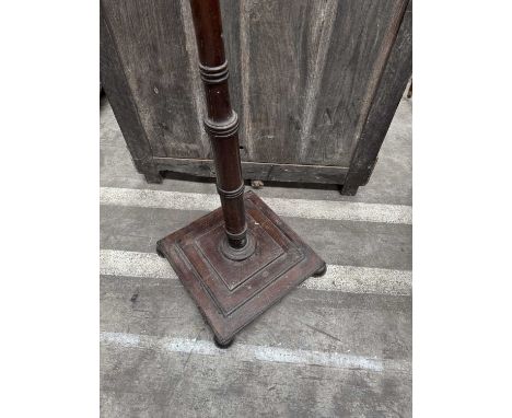 19TH C. OAK HAT STAND, simulated bamboo pole supports on stepped square base, sphere finial, brass rods stamped 'Lingham', 20